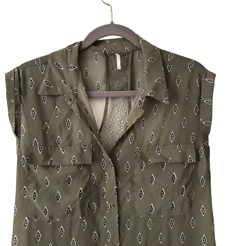 Free People Green and‎ Black Diamond Sheer V-Neck Sleeveless Midi Dress Size M - Picture 7 of 7